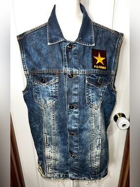 Men’s Denim Vest Distressed Grunge Military Streetwear Motorcycle Biker M